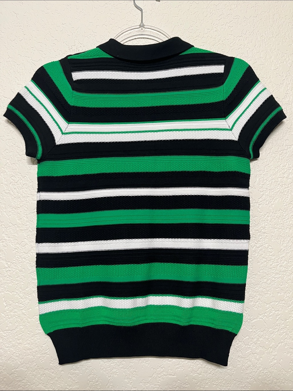 Love By Design Women’s Size Medium Knitted Green, Black & White Striped Polo Top - Picture 6 of 9